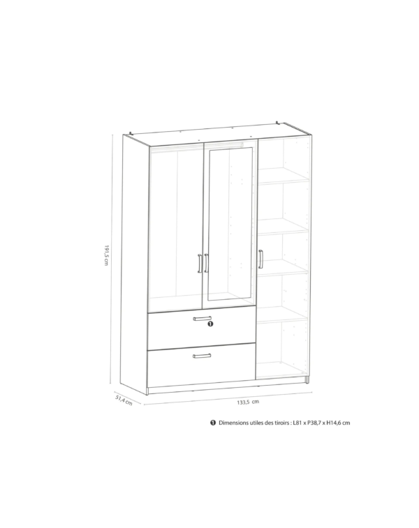 Armoire 3 portes 2 tiroirs READY imitation chêne